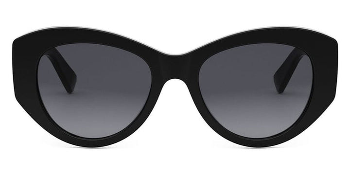 Black rounded cat-eye sunglasses with dark gradient lenses and sculpted frame