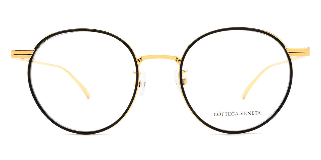 Black round eyeglass frames, gold temples with BOTTEGA VENETA engraving