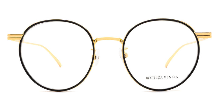 Black round eyeglass frames, gold temples with BOTTEGA VENETA engraving