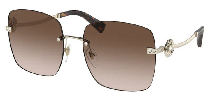 Brown square rimless sunglasses with tinted lenses and gold-tone metal temples