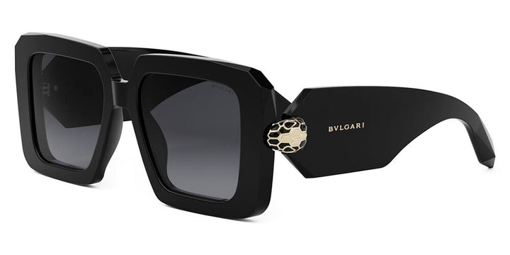 Bvlgari Serpenti Forever black square sunglasses with dark lenses and snake emblem at temple