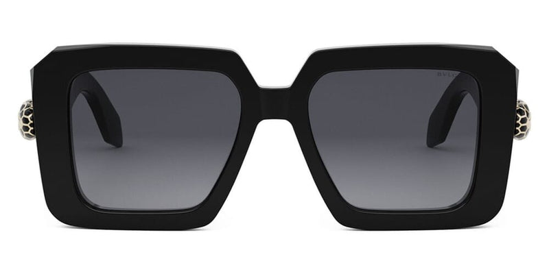 Black square sunglasses with dark lenses and gold-tone snake head details on the temples