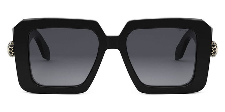 Black square sunglasses with dark lenses and gold-tone snake head details on the temples