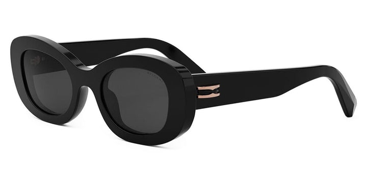 Black round sunglasses with dark lenses and gold-tone logo detail at hinge