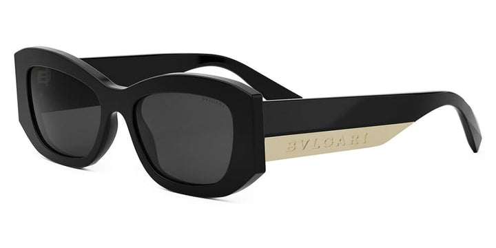 Bvlgari black square sunglasses with dark lenses and gold logo temple arms