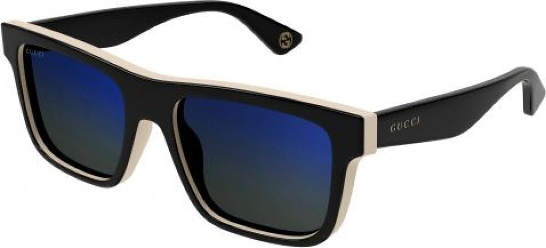 Gucci black square sunglasses with blue mirrored lenses and logo on temple