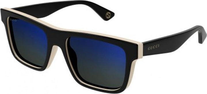 Gucci black square sunglasses with blue mirrored lenses and logo on temple