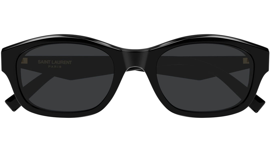 Black square-frame sunglasses with dark lenses, Saint Laurent branding on arms