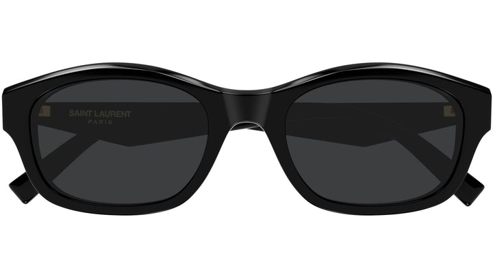 Black square-frame sunglasses with dark lenses, Saint Laurent branding on arms