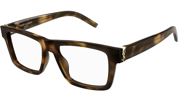 Saint Laurent Havana brown rectangular eyeglass frames, gold hinge detail