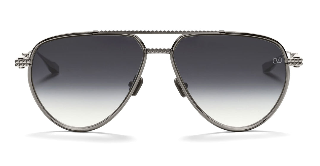 Valentino ruthenium aviator sunglasses, front view with dark gradient lenses and logo tips