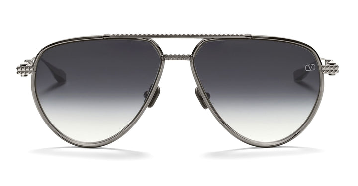 Valentino ruthenium aviator sunglasses, front view with dark gradient lenses and logo tips
