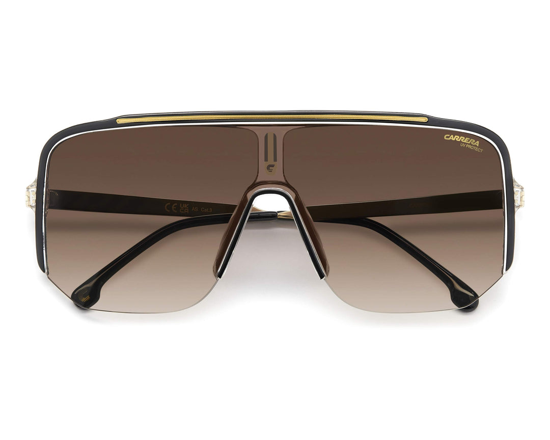 Front view of Carrera mask sunglasses with wide brown gradient shield lenses.