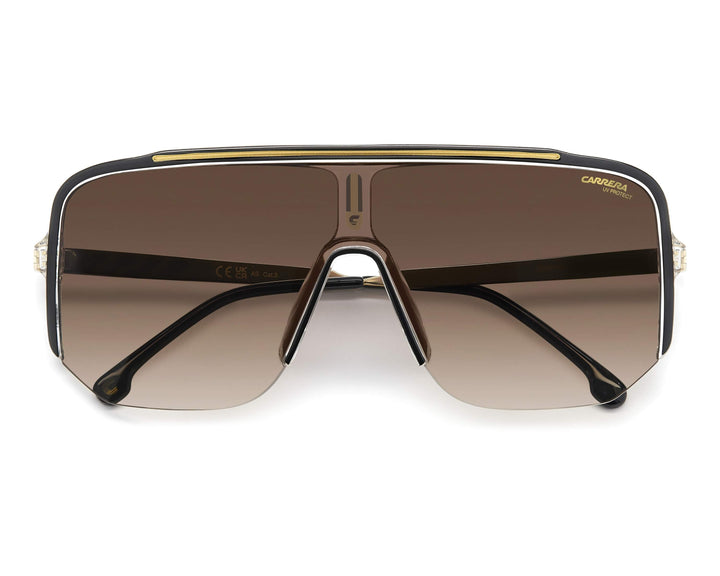 Front view of Carrera mask sunglasses with wide brown gradient shield lenses.