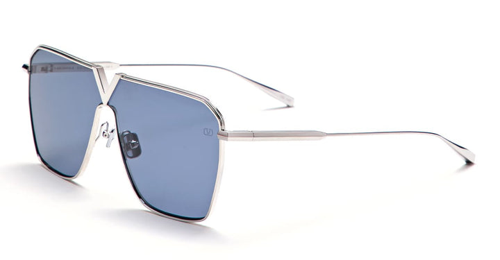 Silver aviator sunglasses with dark blue lenses and V-shaped center shield