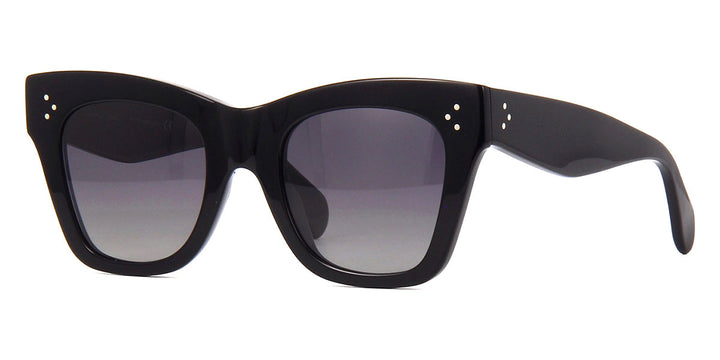 Celine CL4004IN black cat-eye sunglasses, three-quarter view, gray lenses with tapered temple arms