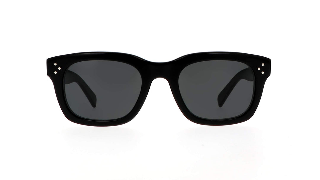 Black unisex square sunglasses with dark lenses, front view