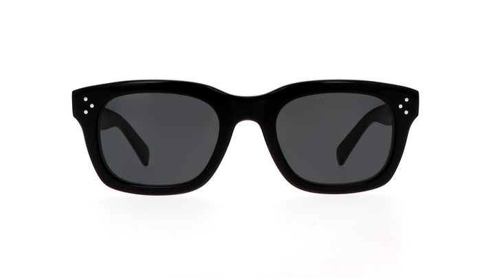 Black unisex square sunglasses with dark lenses, front view