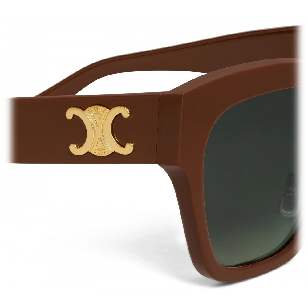 Celine brown cat-eye sunglasses, gold logo temple detail and dark green lenses