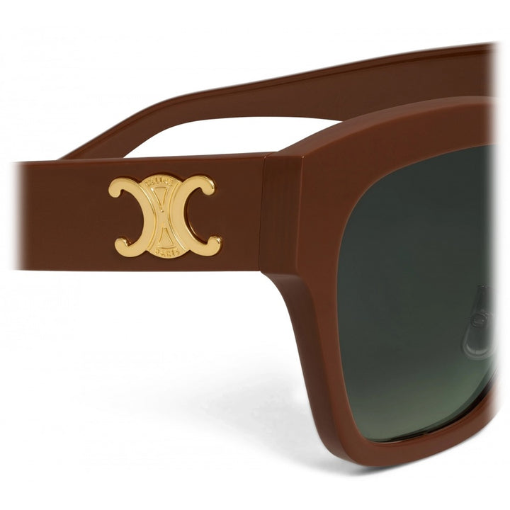 Celine brown cat-eye sunglasses, gold logo temple detail and dark green lenses