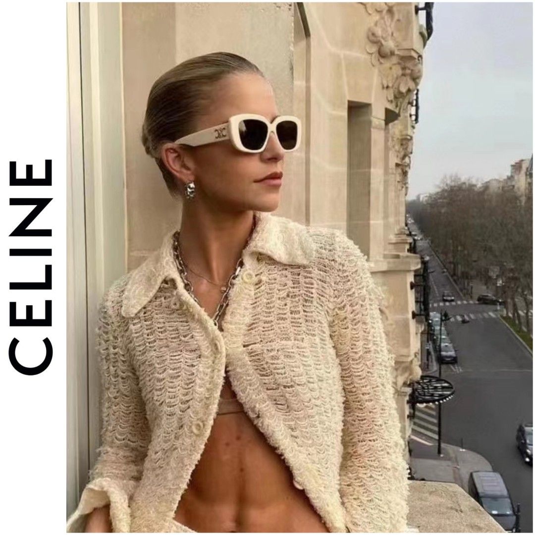 Ivory square sunglasses with dark lenses and gold Triomphe logo on temple