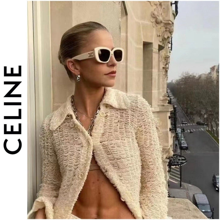 Ivory square sunglasses with dark lenses and gold Triomphe logo on temple