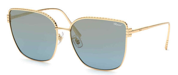 Chopard oversized square sunglasses with a rose gold metal frame and blue-gray gradient lenses, shown on a white background.