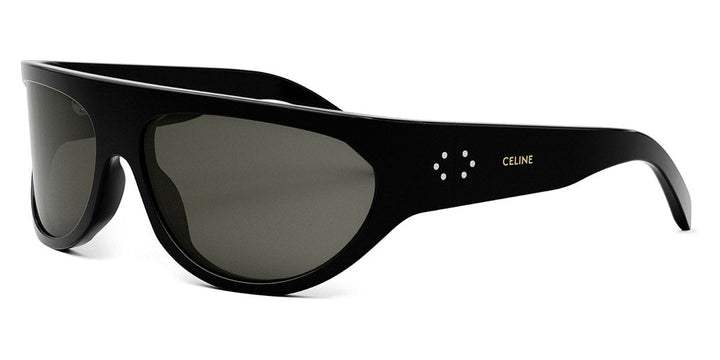 Black wrap sunglasses with dark lenses and Celine logo on temple