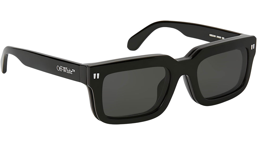Off-White clip-on sunglasses with oversized black frame and dark gray lenses, marked temple