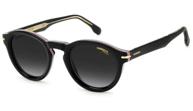 Black round Carrera sunglasses with dark lenses and black acetate frames