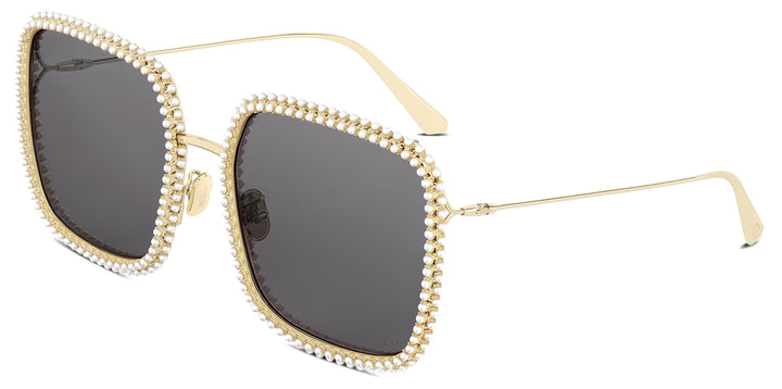 Christian Dior MissDior gold pearl rhinestone sunglasses with dark gray lenses, square cat-eye frames