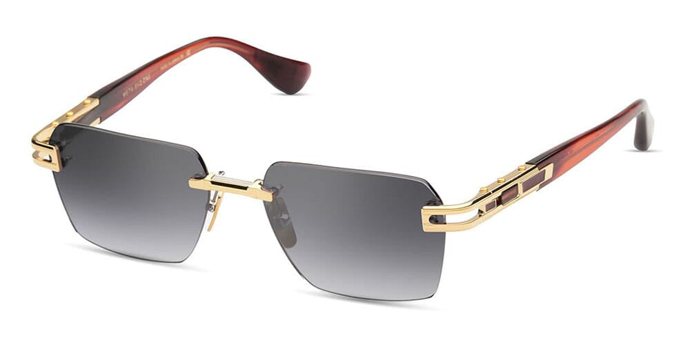 Gold and dark gray sunglasses with rectangular tinted lenses and geometric temple accents