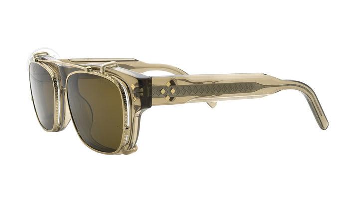 Transparent brown clip-on sunglasses with dark lenses and gold-tone temple detailing