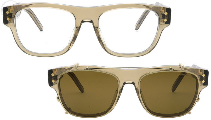 Clip-on frames set: clear eyeglasses plus dark brown sunglasses with geometric detailing