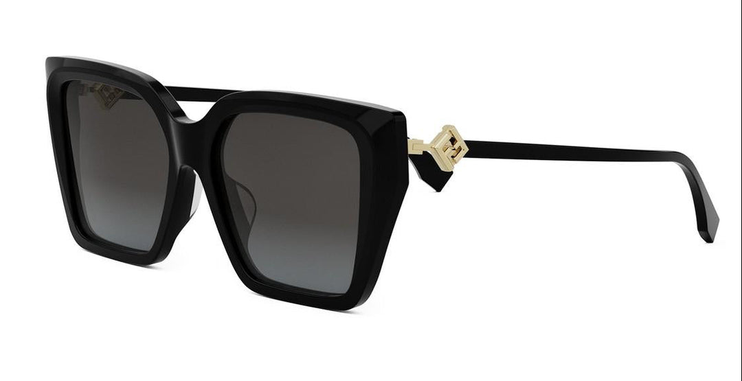Black square sunglasses with dark lenses and gold hinge logo detail
