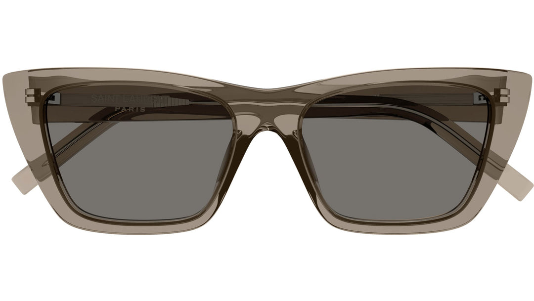 Saint Laurent cat-eye sunglasses, translucent brown frames with metal logo detail