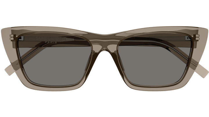 Saint Laurent cat-eye sunglasses, translucent brown frames with metal logo detail