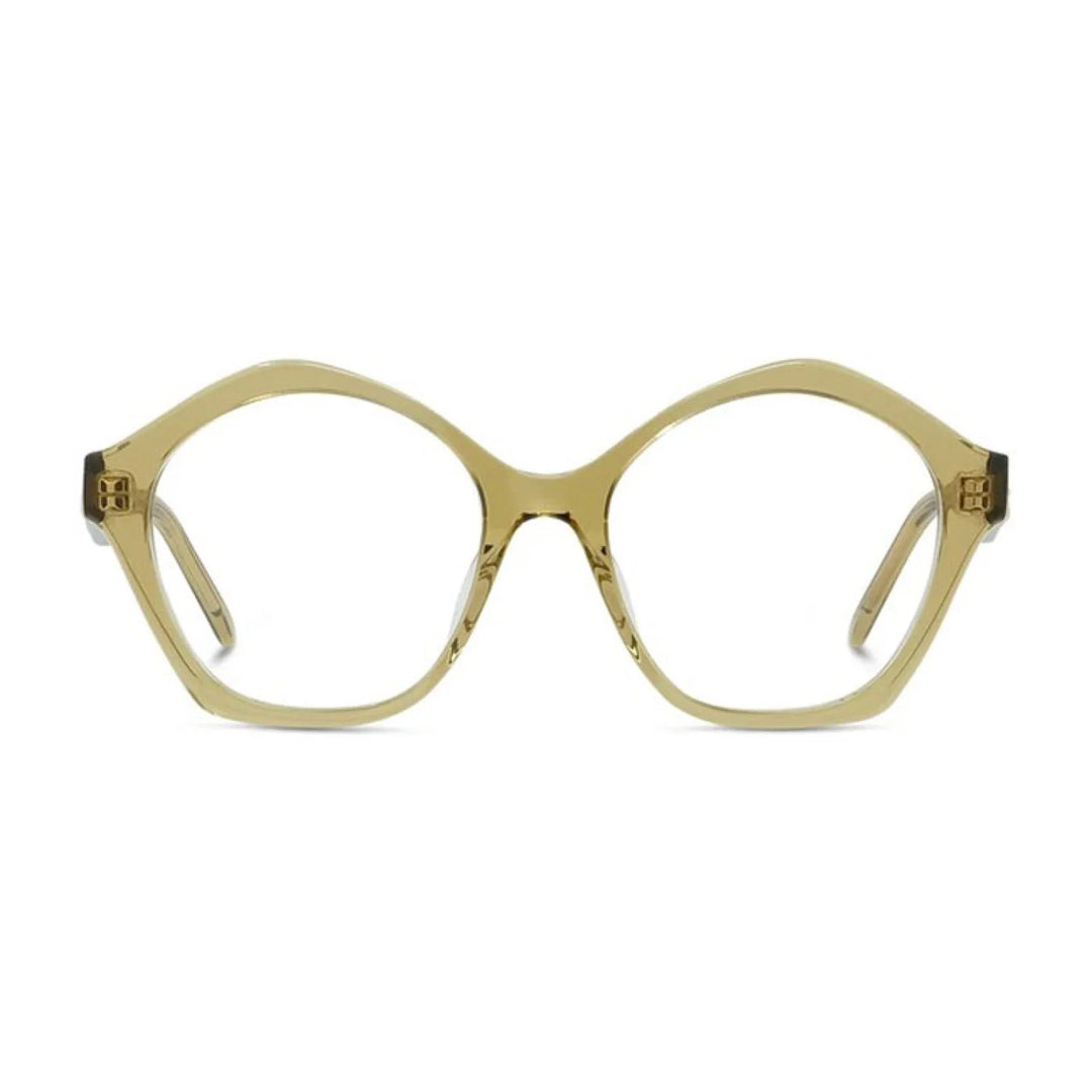 Olive green round eyeglasses frames with curved temples and gold-tone hinges