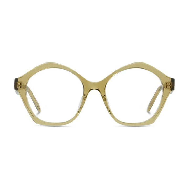 Olive green round eyeglasses frames with curved temples and gold-tone hinges
