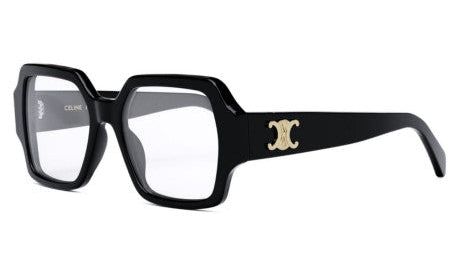 Celine black rectangular eyeglass frames with gold Triomphe logo on temple