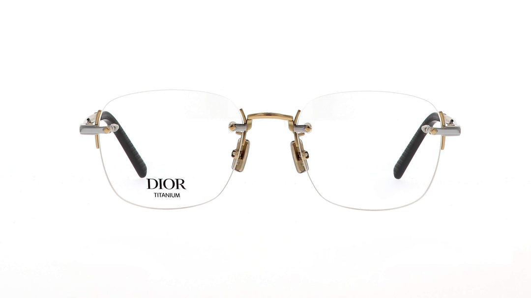 Front view of DIOR rimless metal eyeglasses with clear lenses and two-tone details