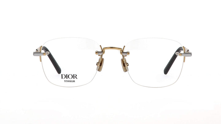 Front view of DIOR rimless metal eyeglasses with clear lenses and two-tone details