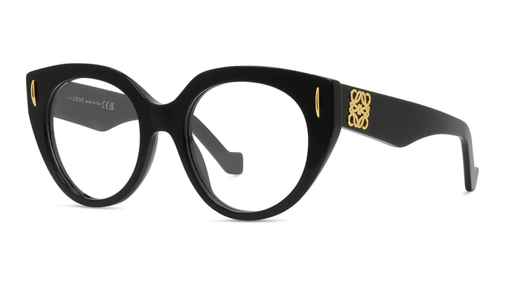 Loewe thick-rim black round eyeglass frames with gold anagram on temples
