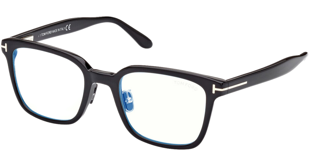 Tom Ford FT5859-B black rectangular blue-light glasses with thick frame and blue-tinted lenses