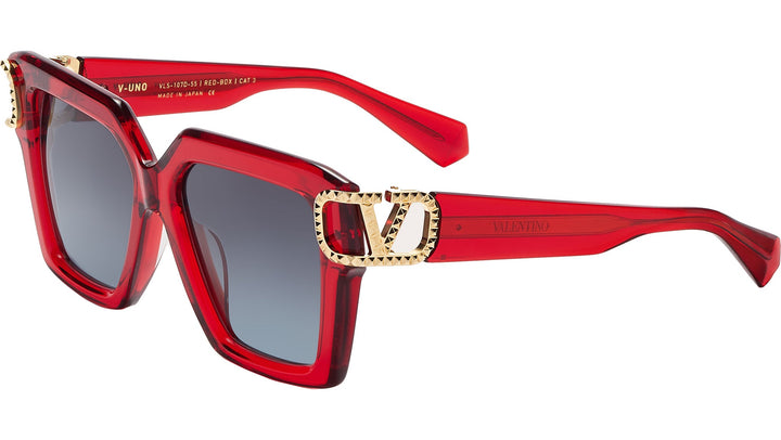 Valentino red square crystal sunglasses with gold V-Uno logo and dark lenses