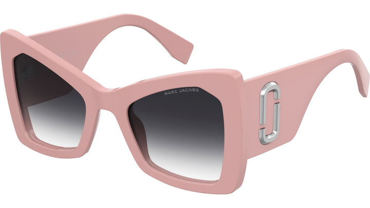 Marc Jacobs cat-eye sunglasses, pink frames, dark lenses, logo on temple