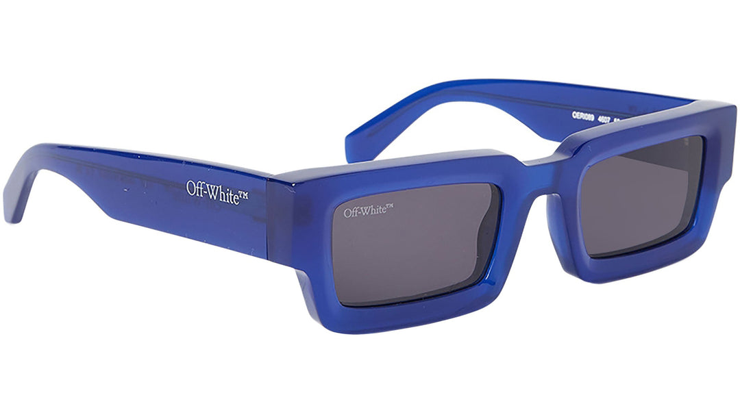 Off White Lecce blue square sunglasses with dark lenses and Off-White logo on the temples.
