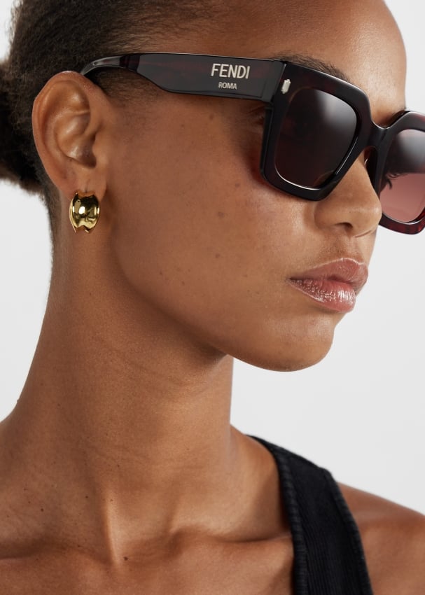 Fendi Roma black square sunglasses with dark lenses, gold logo detail