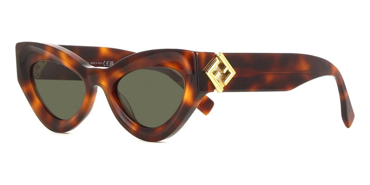 Fendi havana brown cat-eye sunglasses with green-tinted lenses and gold FF logo temple detail