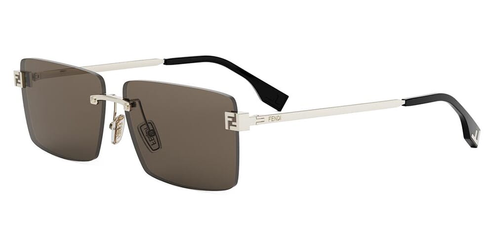 Rimless square sunglasses with brown lenses, gold metal frame, black temple arms